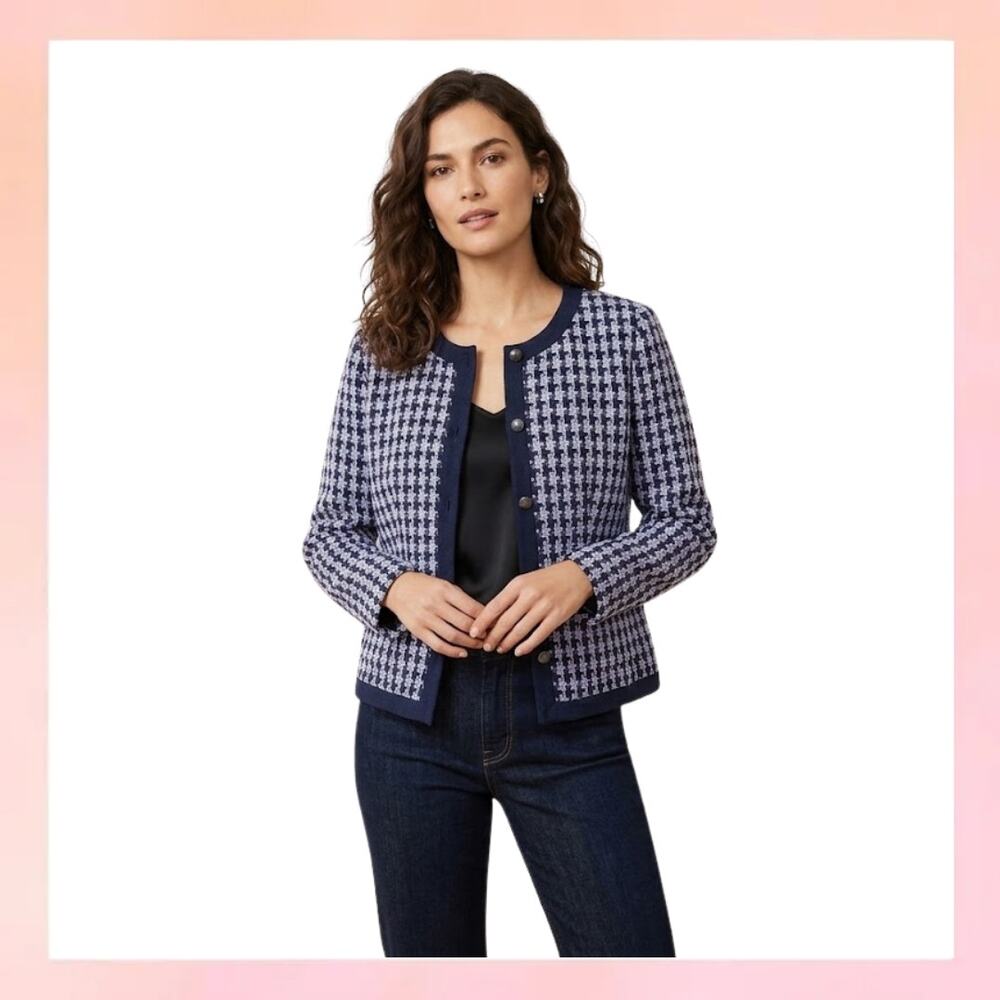 Talbots Blue & White Houndstooth Knit Blazer Jacket - Size 6